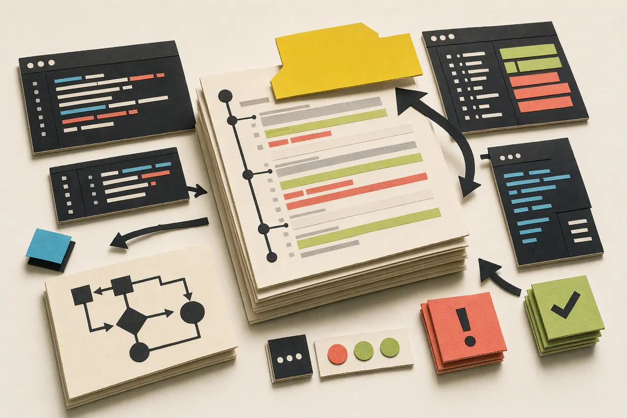 Paper-cut illustration of a code review timeline connecting terminal snippets, diffs, a hypothesis tab, and result markers.